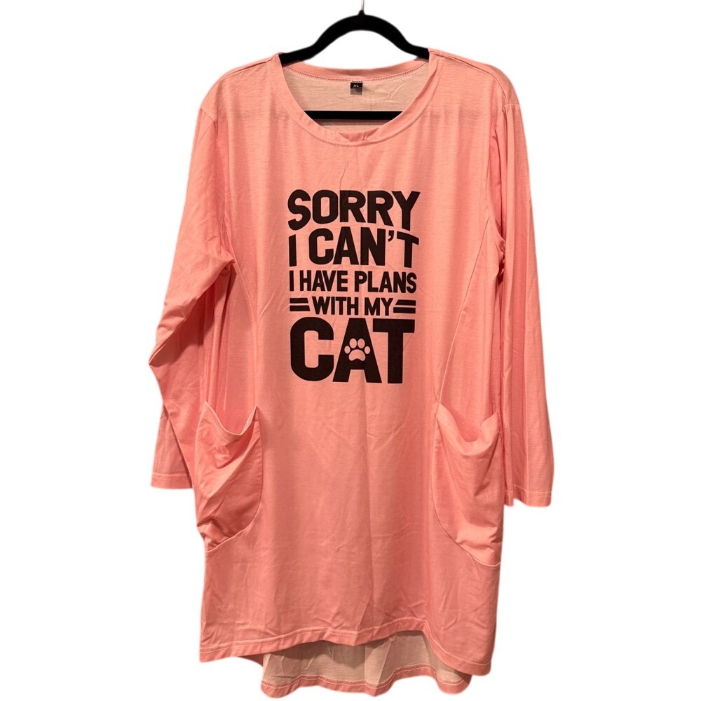 Womens Long‎ Sleeve Tunic Dress Cat Graphic Pink Pockets Casual Plus Size